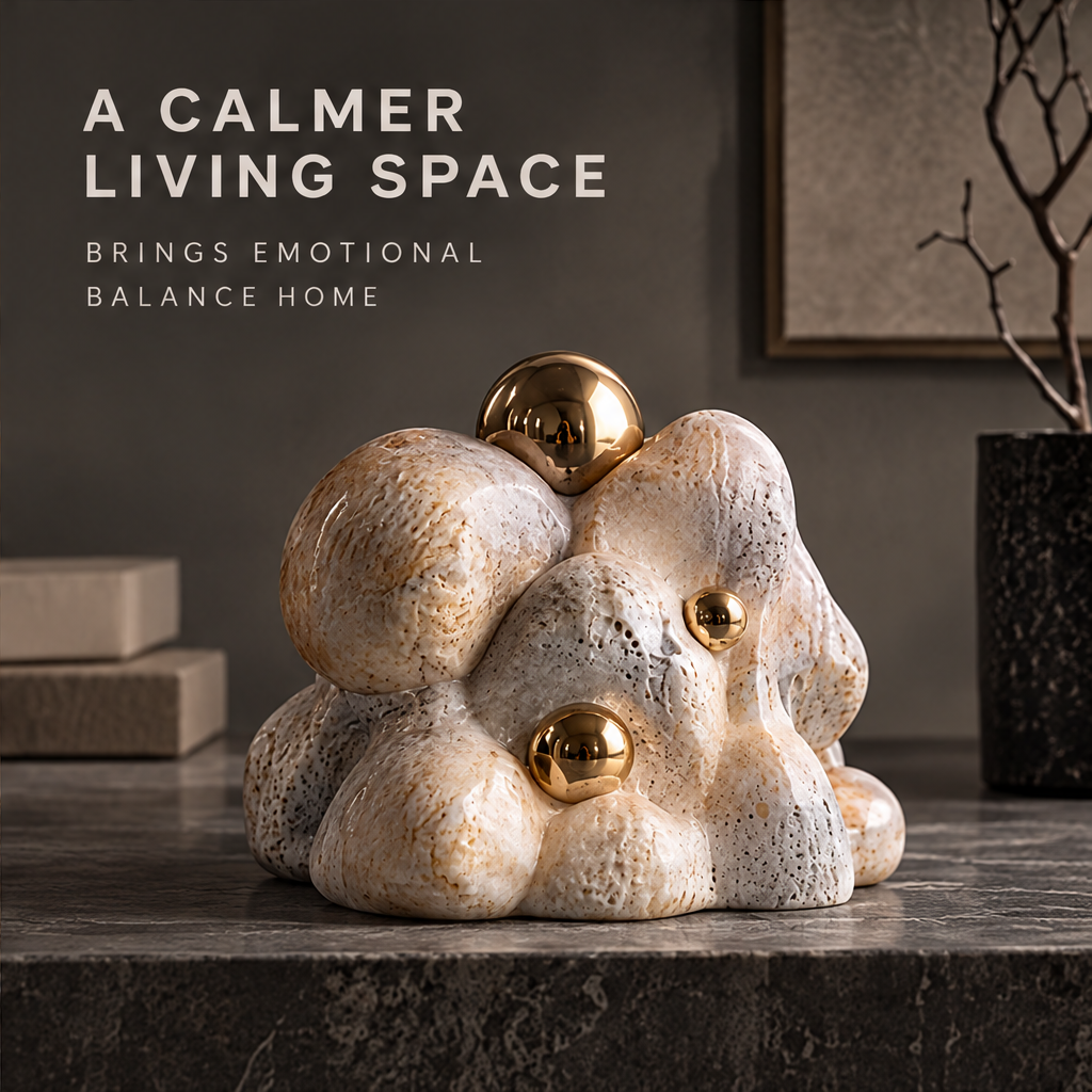 Sculpted Emotions close-up of porous stone surface texture with polished gold sphere reflection — premium materials, natural texture, timeless quality