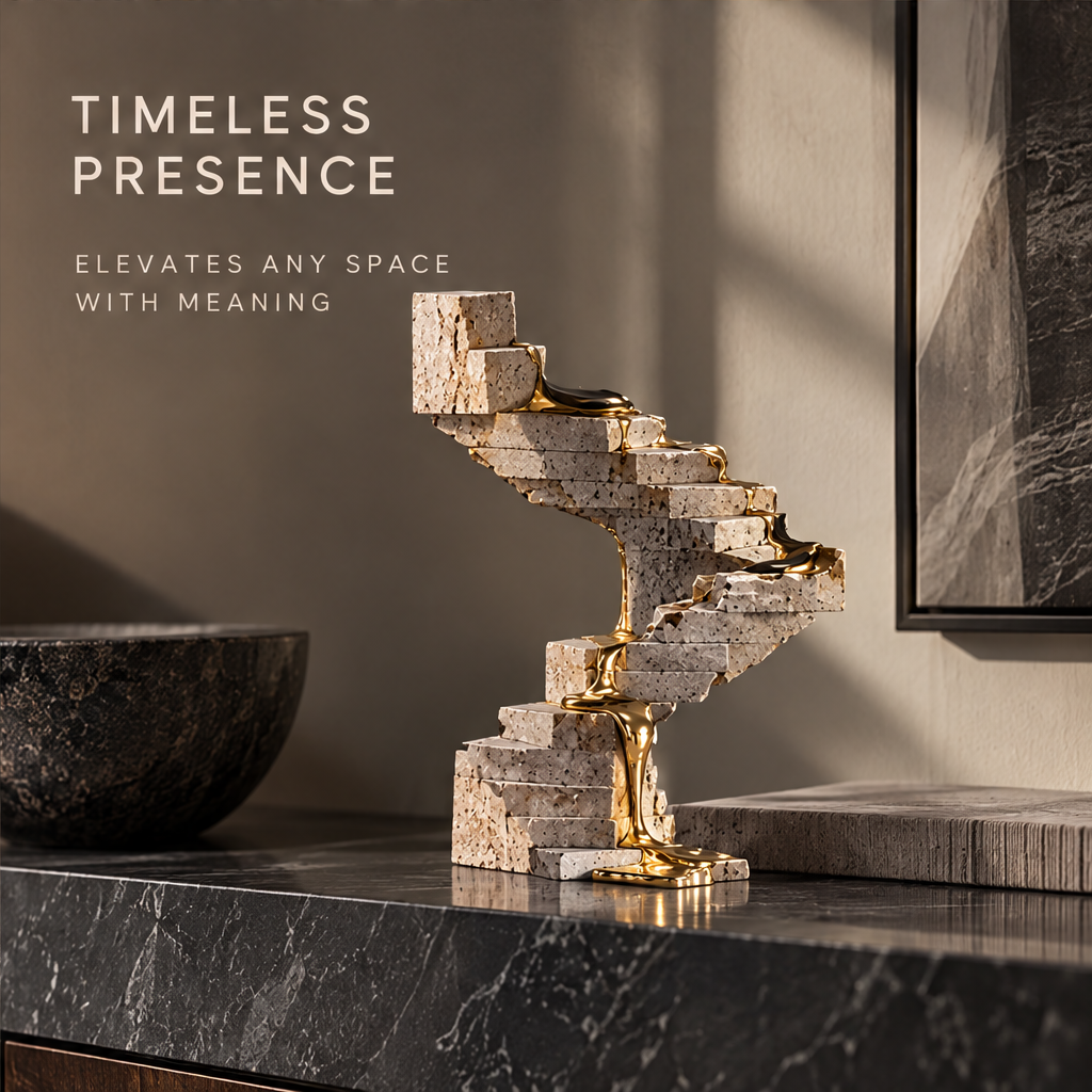 Traces of Time close-up of liquid gold flowing over the edge of stone brick steps — exquisite craftsmanship, natural texture meets refined detail