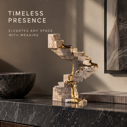 Traces of Time close-up of liquid gold flowing over the edge of stone brick steps — exquisite craftsmanship, natural texture meets refined detail