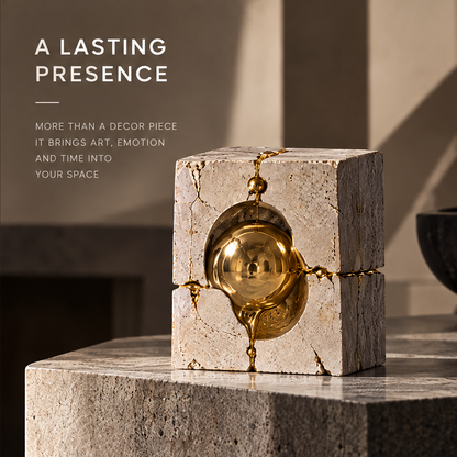 Time Leaves Beauty close-up of gold sphere emerging from cracked stone with gold liquid at fracture lines — detail reveals depth, precision crafted smooth metal in harmony with natural stone
