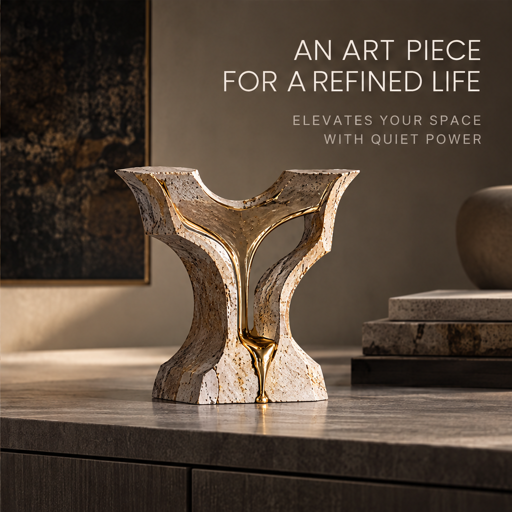 Time Residue sculpture on dark wood sideboard beside stacked books and ceramic sphere with abstract painting background — an art piece for a refined life, elevates your space with quiet power