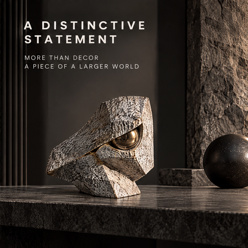 Born from the Fissure wedge sculpture on dark marble surface beside a black stone sphere — a distinctive statement, more than decor, a piece of a larger world