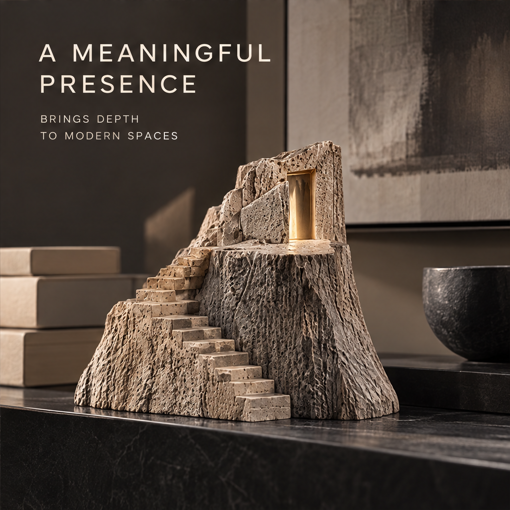 Art Meets Emotion sculpture on dark console beside stacked boxes and dark ceramic bowl — a meaningful presence, brings depth to modern spaces