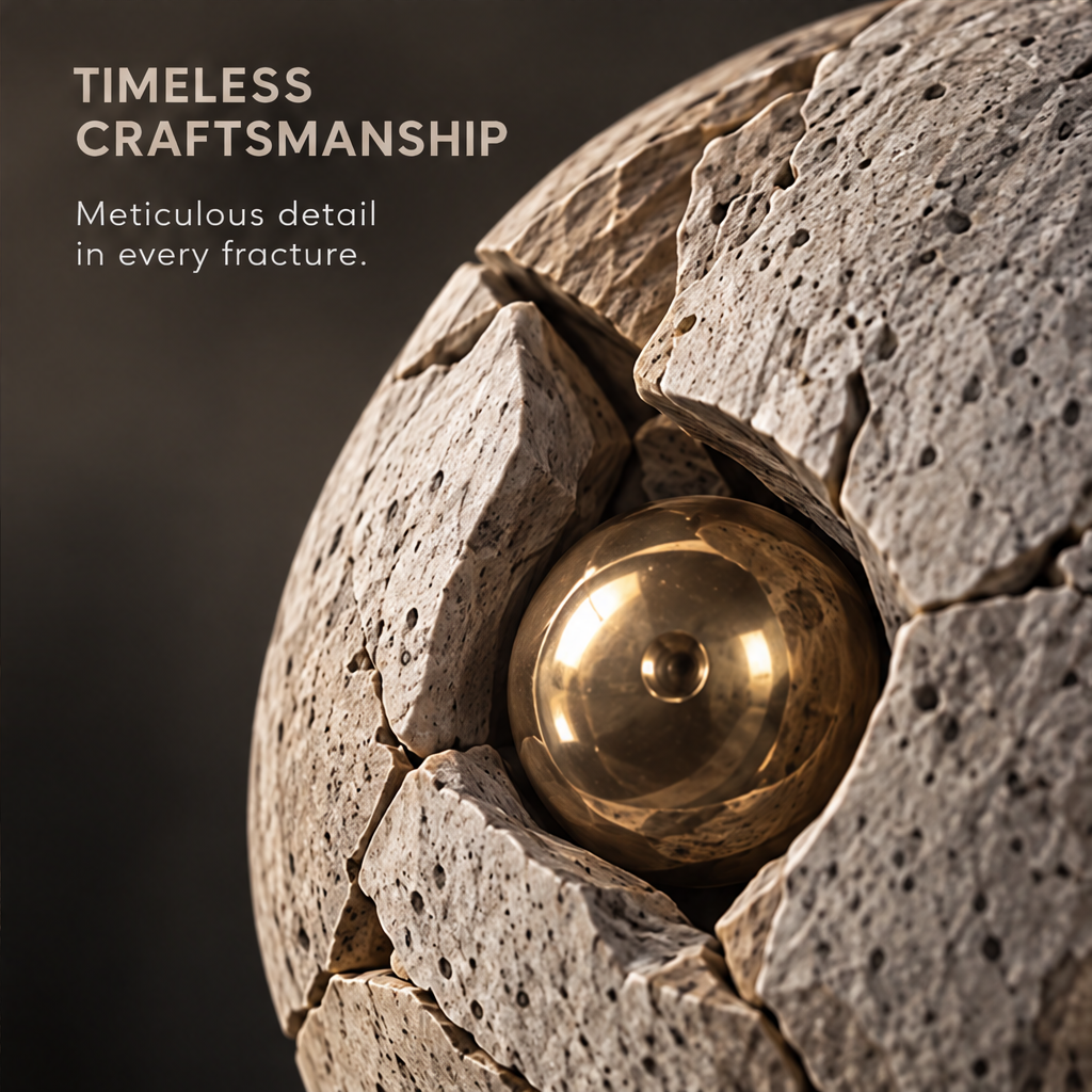 Raw Matter Refined sculpture close-up detail of the polished brass-tone sphere within the cracked stone surface — timeless craftsmanship, meticulous detail in every fracture