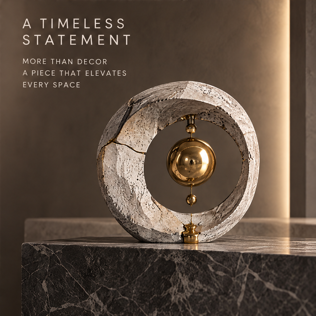 Time Reimagined sculpture on dark marble console in warm ambient light — a timeless statement, more than decor, a piece that elevates every space