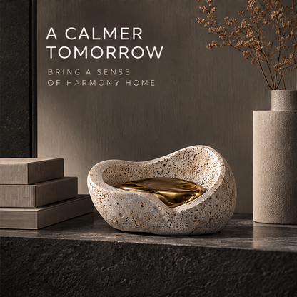 Sculpted Emotions stone bowl sculpture low-angle view in warm directional light — art for modern spaces, a presence that elevates any interior