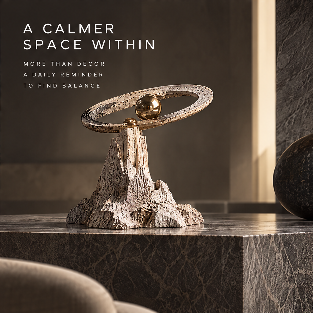 Sculpt Emotions in Space close-up of gold-tone spheres resting within the textured stone orbital ring — crafted with purpose, premium materials, refined details