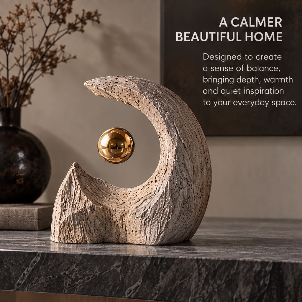 Sculpt Emotion in Space crescent moon sculpture on dark marble console beside a dark ceramic vase with dried botanicals — a calmer beautiful home