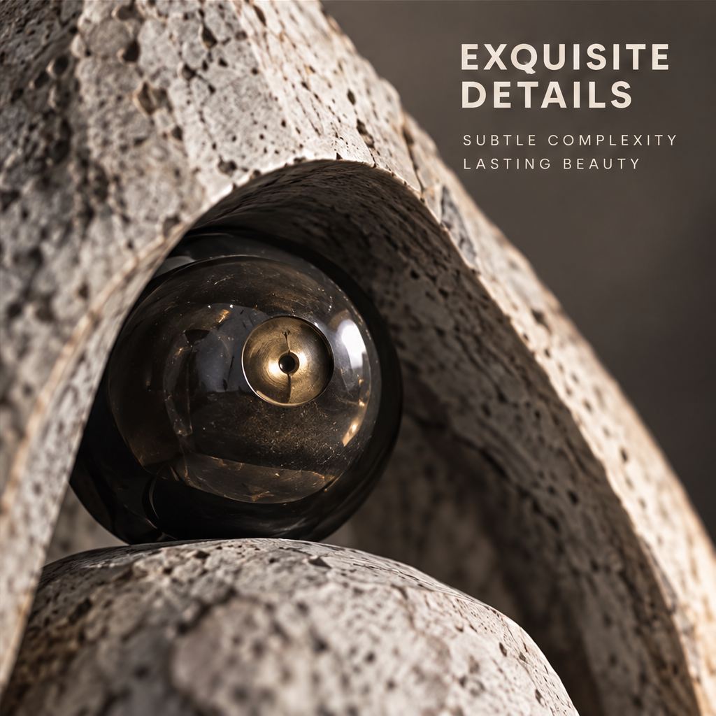 Sculpted Presence sculpture close-up of the dark metallic sphere within the stone arch cavity — exquisite details, subtle complexity, lasting beauty