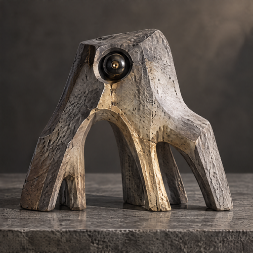 Earth Creature sculpture front angle — a creature born from the earth, natural texture meets sculptural art