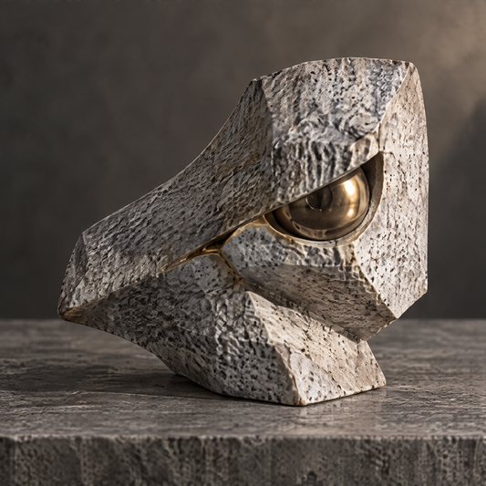 Born from the Fissure wedge stone sculpture side 45-degree view — raw stone texture with embedded brass-tone sphere