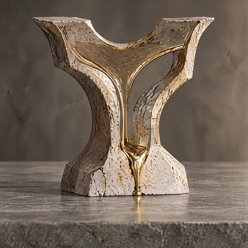 Time Residue sculpture side angle with stone sphere and marble plinth in background — multi-angle masterpiece, beauty from every perspective