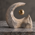 Sculpt Emotion in Space close-up of layered striated stone texture of crescent peak with gold sphere above — natural texture, timeless feel