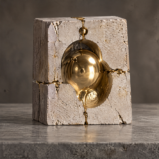 Time Leaves Beauty sculpture on stone plinth beside dark ceramic bowl in warm ambient light — a lasting presence, more than a decor piece, it brings art emotion and time into your space