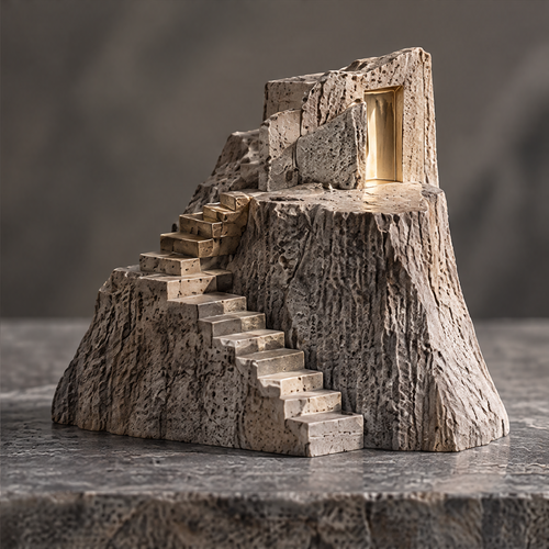 Art Meets Emotion close-up of gold-framed doorway at the summit of the stone cliff sculpture — crafted to last, premium materials, timeless character